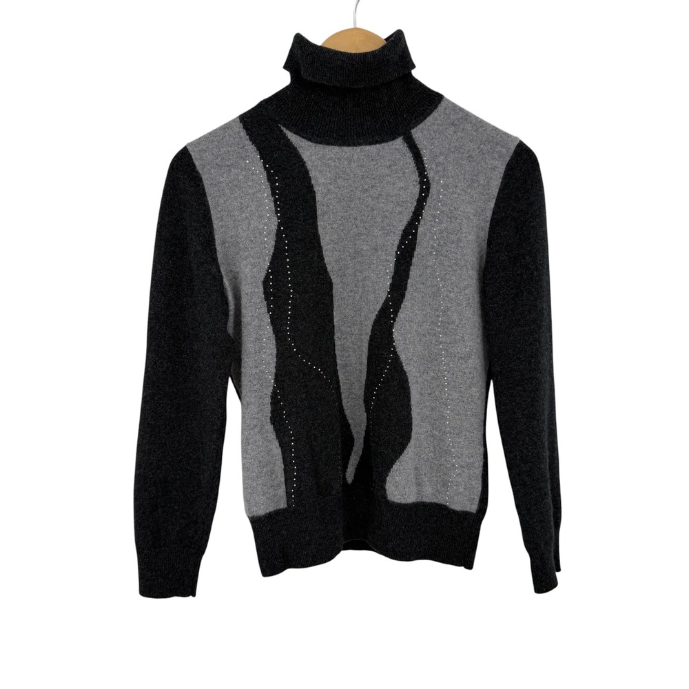 Zha Jun 100% Cashmere Turtleneck Sweater Women S Gray Black Abstract Sequin Soft